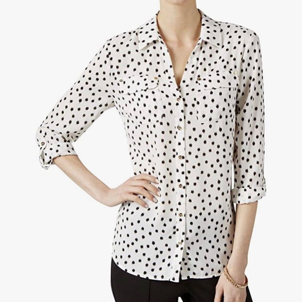 Worthington Petite Chiffon Button Down Shirt print black/white Size PL